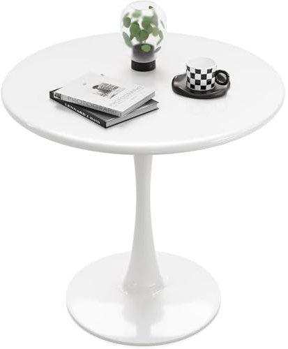 Recximi White Round Dining Table for 2 Person, 24 Inch Small Tulip Table with Metal Pedestal for Living Room, Mid Century Modern Kitchen Table for Kitchen, Office, Pub, Bar, Bistro, Circle Cafe Tables