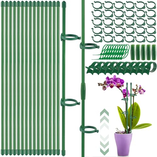 Realure Orchideenstäbe, 15 Stück Einstellbar Pflanzenstütze, Orchideen Rankhilfen, 30cm Pflanzenstab mit Pflanzenclips Verbindungsrohr, Pflanzenhalter, für Orchideen, Pfingstrosen, Kletterpflanzen
