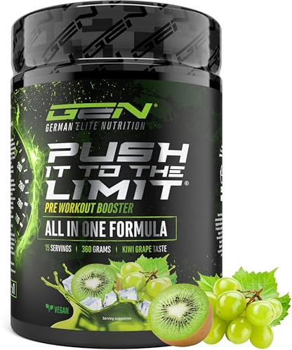 Push it to the Limit - Pre Workout avec L-Arginine + Citrulline + L-Tyrosine + L-Théanine + L-Carnitine + AAKG + Taurine + Racine de Rhodiola + Caféine - Haute dose - 360g - Kiwi raisin