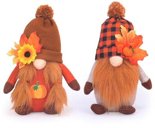 NSXIN 2 Stück Herbst Wichtel Deko, Handgemachte Zwerg Figuren Erntedankfest Plüschpuppen, Gesichtslose Wichtel Herbstdeko für Thanksgiving Halloween Party Supplies Home Decor (A)