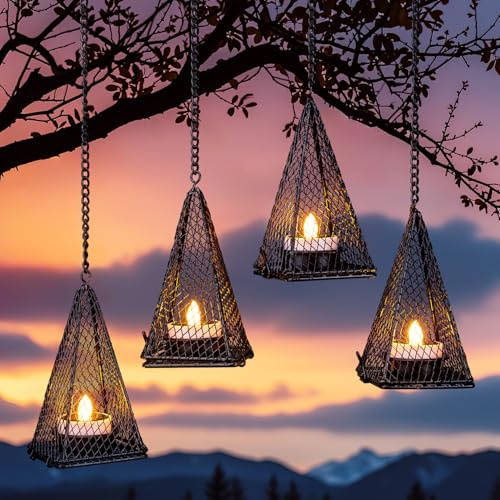 Lot de 4 lanternes solaires à suspendre avec bougies chauffe-plats solaires étanches pour arbre, tonnelle, pergola, décoration de terrasse