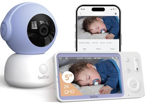 BOIFUN 2K Wifi Video Baby Monitor with Phone App & 5″ Screen, Motion & Cry Alerts, Zero Glow Night Vision, Auto Tracking, Temperature & Humidity Sensor, 3000mAh Battery, Soothing Lullabies