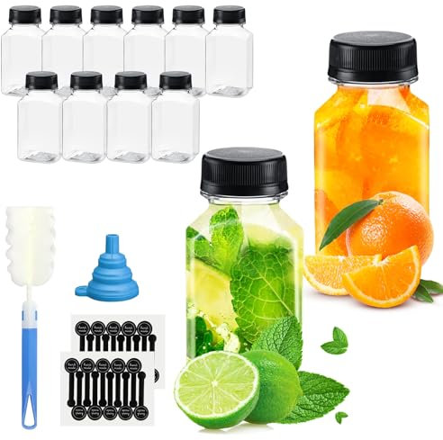 WenYa Botellas de jugo de plástico reutilizables, botellas de bebidas a granel a prueba de fugas con tapas, mini botellas de nevera con etiquetas, embudo y cepillo, recipientes pequeños para jugos de