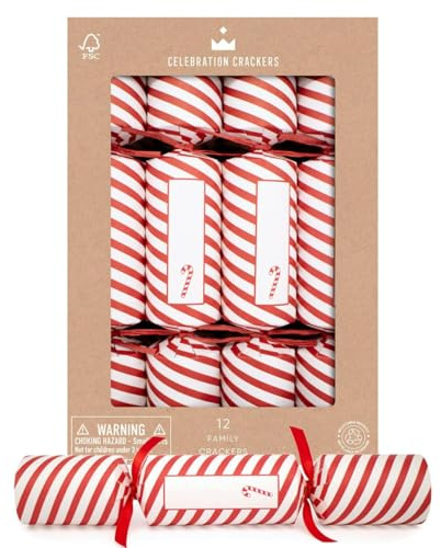 Celebration Crackers – 12 x 12 Inch Family Kraft Cube Christmas Crackers – Red and White Candy Cane Stripes, table place names, FSC Certified