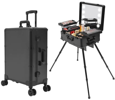 Kosmetikkoffer Trolley Schminkkoffer mit Beleuchtung & Spiegel, Profi Schminkstation Make up Koffer mit verstellbare Beine, Kosmetikkoffer mit Rollen für Visagisten Friseure Nageltechniker (Schwarz)