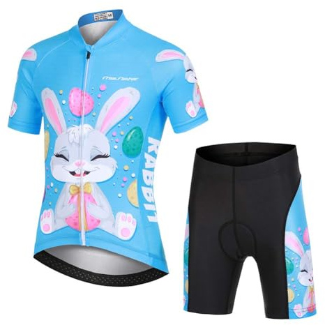 L PATTERN Kinder Radtrikot Set Jungen radsport anzüge (Fahrrad Trikot Kurzarm + Radhose) Mädchen Fahrradbekleidung Anzug mit Sitzpolster, Hase auf Blau, 122/128(Tag:M)