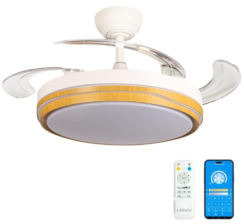 Citymart Ventilador de Techo LED con Aspas Retráctiles, Silencioso con Mando a Distancia motor DC 30W+Luz Led 54W, 6 velocidades con Memoria de la luz (Madera Nielo)