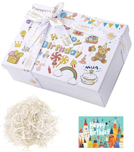 2026 Neu Geschenkbox Geburtstag, Geschenkbox mit Deckel 25 x 18 x 8,5 cm, Happy Birthday Geschenk Box mit Schleifen, Raffia, Grußkarten, für Geburtstag Hochzeiten Valentinstag Weihnachten
