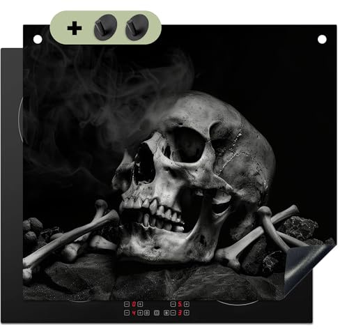 KitchenYeah© Herdabdeckplatte Einteilig Induktionsmatte Küche Abdeckung | 59x52 cm - Ceranfeld Herd Abdeckplatte Deko Vinyl Matte, Spritzschutz Küchenrückwand Totenkopf - Rauch - Schwarz - Weiß