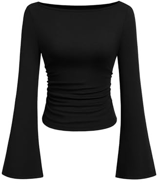 PRETTYGARDEN Womens Long Sleeve Shirts 2026 Spring Crop Going Out Tops Casual Boat Neck Bell Sleeve Ribbed Ruched Y2K Clothes (Black,Large)