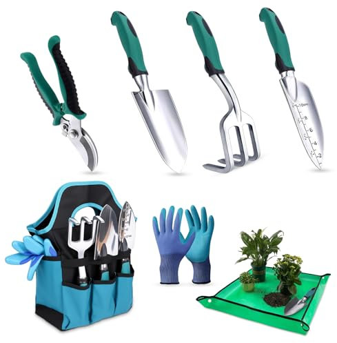 Gerbala Set di Attrezzi da Giardinaggio, 7 Pezzi Attrezzi da Giardinaggio con Borsa Portaoggetti, Attrezzi Orto per Piante, Robusto, Antiruggine, Donne, Uomini, Amanti del Giardino