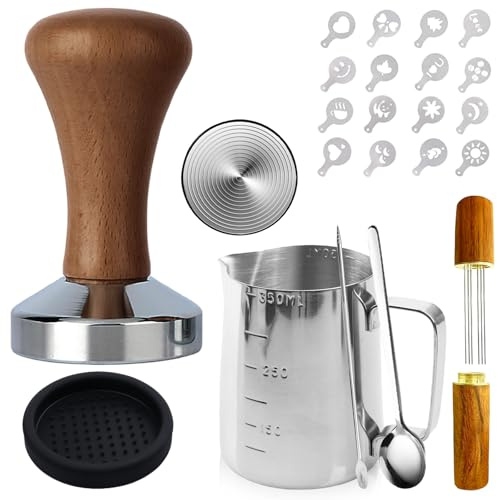GOMETY Kaffetamperset 51 mm espressomaskin, set 22 delar, baristatillbehör med mjölkkanna, tampermatta, sandelträ-tamper, blandningssked, latte konststenciler för espressomaskin