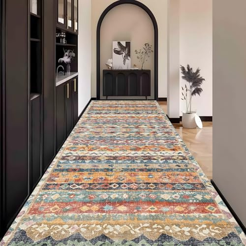 Waazgle Läufer Teppich Flur küche Schlafzimmerteppich Boho Style Waschbar | 40x160cm Waschbar rutschfest Lang küche Wohnzimmerteppich Vintage Bunt Meterware für Flurläufer Esszimmer Korridor