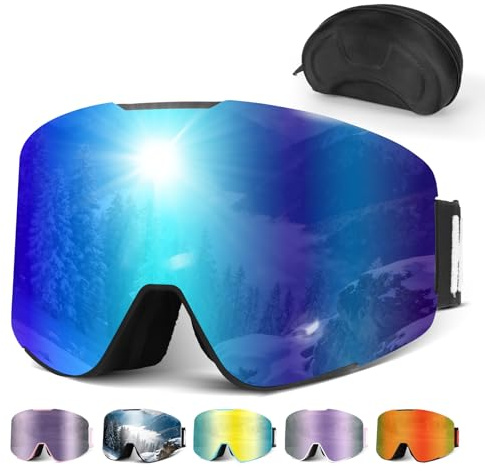 Hikeen Photochromic Ski Goggles - Anti-Fog, 100% UV Protection with 3-Layer Padding for Skiing and Snowboarding Men & Women - Includes Storage Case-Dark Blue
