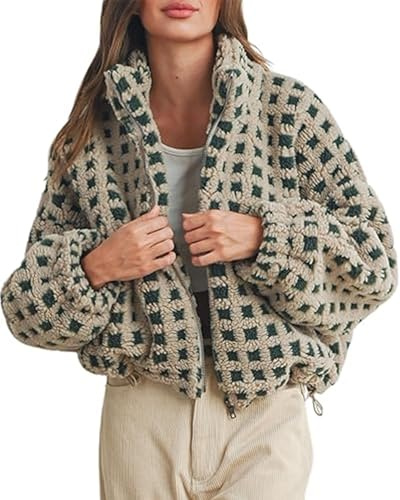 Feclmiyt Veste sherpa à carreaux pour femme - Style décontracté - Motif vichy - Fermeture éclair - Avec poches - Manteaux courts pelucheux pour l'hiver et l'automne