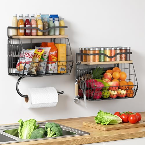 Housolution 2 Piezas Cesta para Frutas de Pared con Tapa de Madera, Cesto Colgante para Frutas y Verduras de Cocina, Organizador de Patatas y Cebollas con Portarrollos de Papel para Encimera de Cocina