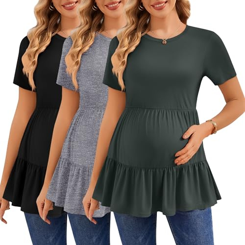 Ekouaer 3 Pack Women's Maternity Shirts Short Sleeve Ruffle Pregnancy Clothes Blouse Peplum Babydoll Tops Casual Mama Tee Black/Light Grey/Army Green Large
