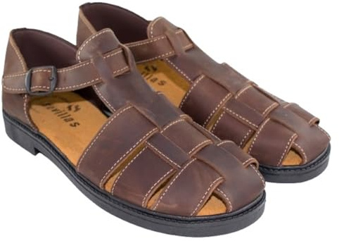 SEVILLAS Mod 13 Sandalias Hombre de Piel tipo Cangrejera, Sandalia pescador Hebilla Ajustable (Negro, Sistema tallas calzado EU, Adulto, Números, mediano, 39)