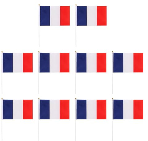 10 Piccole Bandiere Francia per Decorazione Francese, Bandiera 14x21cm, con Asta di 30cm, Bandiera a Mano Francia per Festa di Calcio, Festa Nazionale del 14 Luglio, Decorazione Casa, Giardino, Bistro