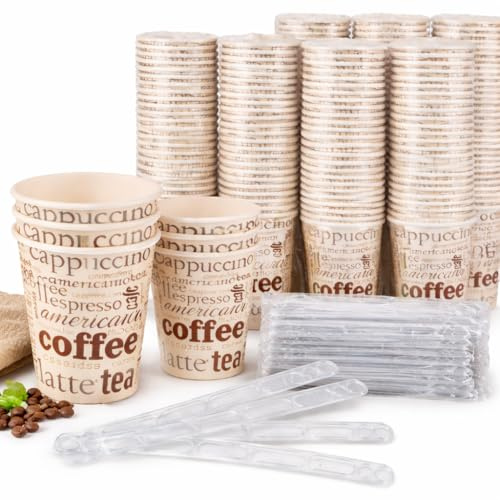 Prieto Larrey - Pack 200 Vasos Café Desechables y Paletinas Café Reutilizables 200 ml | APTO para bebidas calientes y frías | Ideales para oficina y eventos | Uso Profesional y Doméstico |