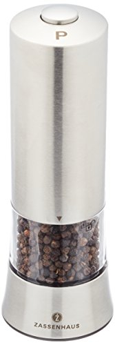 Zassenhaus Salz und Pfeffermühle Elektrisch GERA | Keramikmahlwerk | | rostfreier Edelstahl | präzise einstellbarer Mahlgrad | inkl. Pfefferfüllung und Batterien | Gewürzmühle | Ø 6 x 18 cm
