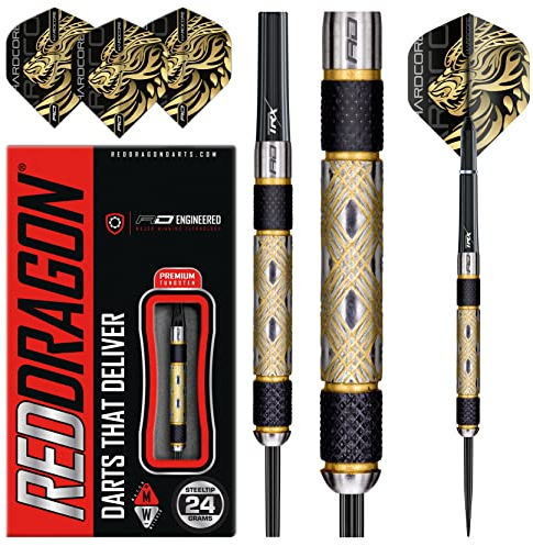 RED DRAGON Darts – Golden Eyes 24g– Professionelles 85% Wolfram-Dart-Set mit Dartflüge und Dart-Schäften