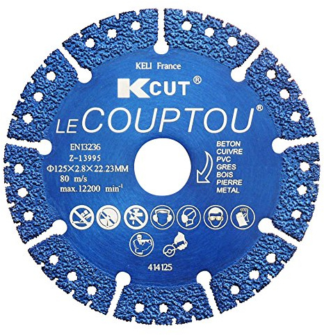 KELI FRANCE - K•CUT - Disque Diamant à tronçonner LE COUPTOU, utilisation universelle (béton, cuivre, briques, fer, pierres, tuiles, parpaing, bois,PVC), EN13236 (125mm)