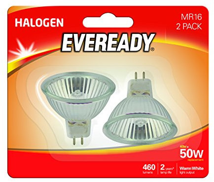 Eveready ECO Halogen 40W (50W Equivalent) MR16 Cap Light Bulb, Pack of 2, GU5.3, 50 W