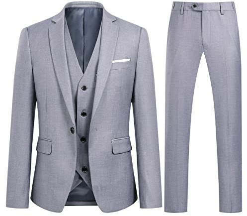 Sliktaa Trajes formales de 3 piezas para hombre con un botón, solapa con muescas, trajes de negocios y boda, blazer, pantalones y chaleco, gris claro, L