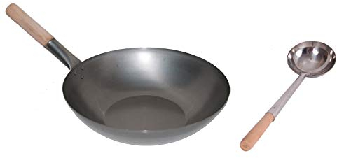 AAF Nommel ®, Wok Set, Pfanne 38 cm Ø Flacher Boden Carbon Stahl + Wok Kelle Edelstahl 44 cm lang mit Holzgriff. Für Gasherd, Elektro, Ceran und Induktion