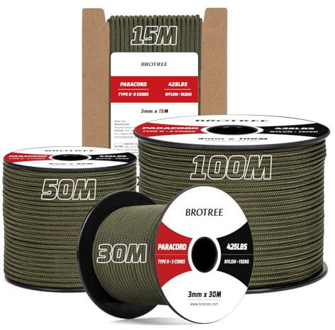 Brotree Paracord 3mm 50M 100% Nylon Seil Paracord 425 mit 3 Kern Schnur | Typ II, 192kg (425lbs) Bruchlast, Spule, Survival, Outdoor, Armband, Basteln