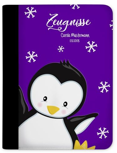 CreaDesign Zeugnismappe A4 mit Namen personalisiert – Pinguin Lila – für Mädchen – Dokumentenmappe Schule ohne Klarsichthüllen