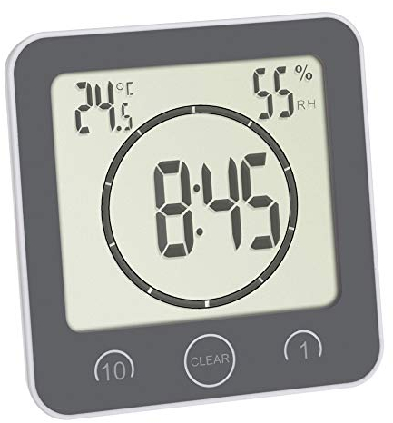 TFA Dostmann Bad-/ Küchenuhr mit Timer, 60.4001.10, Befestigung ohne Bohren, Zeit bis 99min, spritzwassergeschützt, inkl Thermo-Hygrometer, grau, (L) 106 x (B) 41 (52) x (H) 109 mm