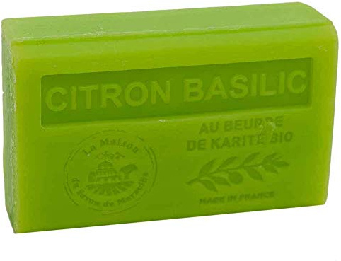 Savon de Marseille - Sapone francese a base di burro di karité biologico, fragranza limone e basilico, adatto per tutti i tipi di pelle, barretta da 125 grammi