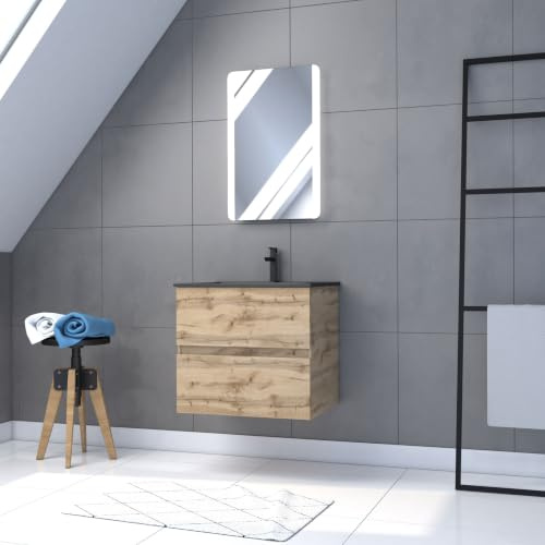 Aurlane Timber 60 Bathroom Cabinet - 60 x 54 cm - Natural Oak Finish + Black Basin + LED Mirror - Pack 08