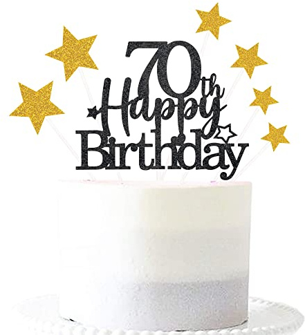 Pargleev Black Gold 70th Birthday Cake Topper with Glittery Stars | 7-piece Black Gold 70th set: 1 glittery 'Happy Birthday' topper + 6 star cupcake toppers; just place on the cake