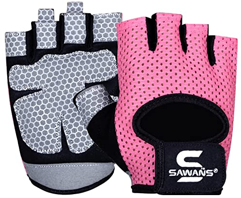 SAWANS Fitness-Handschuhe für Männer und Frauen, Gewichtheben, Fitness-Handschuhe, atmungsaktiv, Damen-Handschuhe, Training, rutschfest, Silikon, gepolsterte Handfläche, Mikrofaser (Small, Pink)