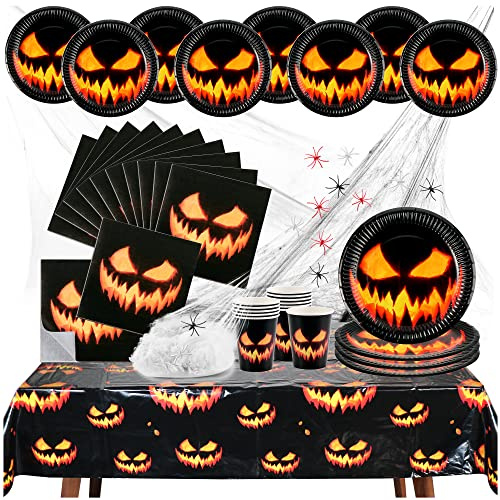com-four® 38-teiliges Halloween Tischset - Deko-Set mit Spinnennetz, Spinnen, Bechern, Teller, Servietten und Tischtuch für Halloween und Mottoparty [Auswahl variiert] (Kürbis 2 - 38 Teile)