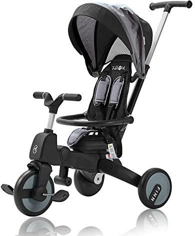 FableKids Dreirad 7in1 Kinderdreirad Kinder Lenkstange Fahrrad Baby Kinderwagen | Elternlenkung |Verdeck | ab 18 Monaten | 360° Sitz | Grau