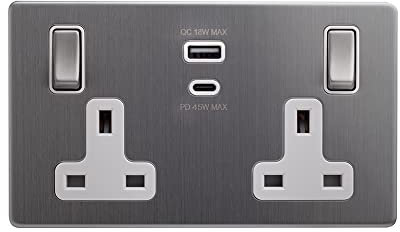 Super Fast Charging Socket Soho Lighting Brushed Chrome with White Insert 13A amp 2 Gang USB A+C Power UK Double Socket Charge Smart Efficient 45W