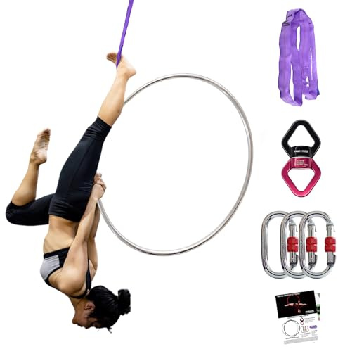 PRIOR FITNESS Aerial Hoop Set,Professional Aerial Lyra Hoop, 90cm Stainless Steel Single Point Aerial Ring Equipment with Complete Rigging Hardware (Silver, Hoop Dia: 90cm-Tube Dia:25mm)