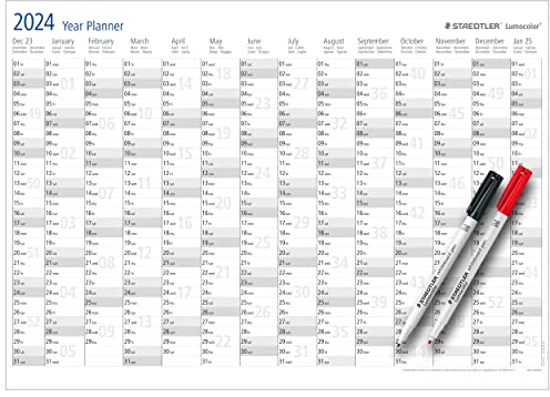 STAEDTLER Jahresplaner international Lumocolor Set 2026, Wandkalender trocken abwischbar, Größe DIN A1, incl. Stifte und Stift-Klemmen, Sonderedition, 641 YPAMZW
