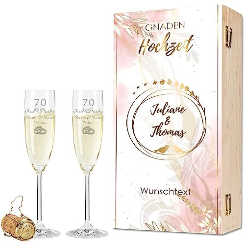 Leonardo Flûtes à champagne avec gravure – Mariage de grâce 70 ans – Personnalisé avec nom et date avec boîte en bois – Cadeau de mariage, fiançailles, anniversaire – Couleur : champagne