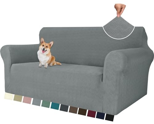 YSTELLAA Stretch Sofa Überzug 2 Sitzer, Sofaschoner rutschfest Mit Armlehne, Dicke Sofabezug Für Hunde Katzen Und Haustiere, Universal Jacquard Sofabezug, Waschbare Sofa Cover, Hellgrau