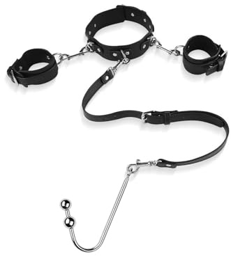 Set de Bondage BDSM con Gancho Anal – Esposas de Cuero, Gancho Anal de Metal, Collar Fetichista – Juguete Erótico SM para Parejas, Mujeres y Hombres – Set Extremo de Bondage para Aventuras Íntimas