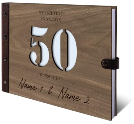 Personalisiertes Goldhochzeit Gästebuch aus echtem Holz selbst gestalten - 50 Jahre Stanze - mit 72 Blatt / 144 Seiten Naturpapier Weiß