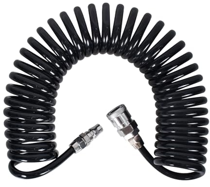 KYSUN Tubo a Spirale da 6 m, diametro 5 x 8mm, Tubo per Compressore Aria, Tubi Flessibile per Compressori d'Aria, Tubi per Aria Compressa in Poliuretano con Raccordi Rapidi (Nero)