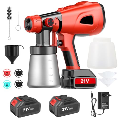 Aofesel Pistola de pintura eléctrica HVLP 850W con tanque de agua de 800 ml, 5 boquillas, 2 baterías de litio 2600 mAh y cargador de 21 V, para casa, armarios, vallas, techo (rojo)