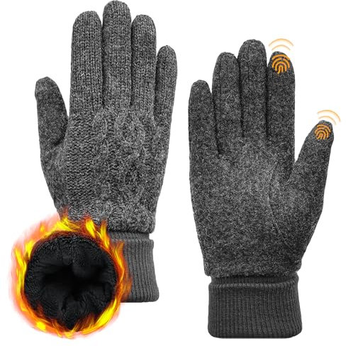 ACUSHLA-Handschuhe aus Merinowolle für Männer und Frauen – Fleecegefütterte, schwere, warme Touchscreen-Handschuhe für kaltes Wetter im Winter, weiche, thermische Strickhandschuhe Dunkelgrau M