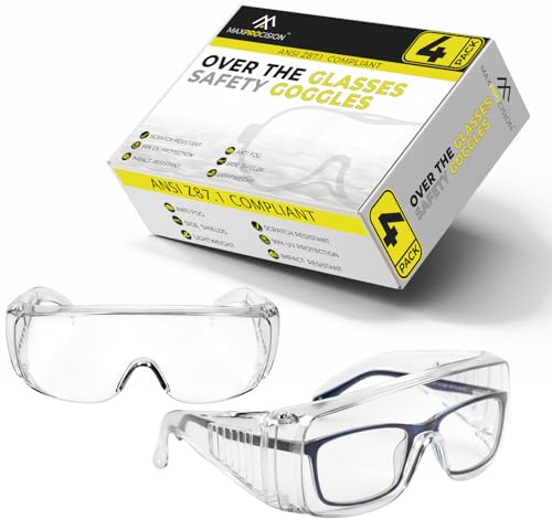 MaxProcision Paquete de 4 gafas de seguridad sobre lentes, gafas de seguridad transparentes con ANSI Z87.1, antivaho, resistentes a impactos y arañazos, protección ocular sobre las gafas, gafas de